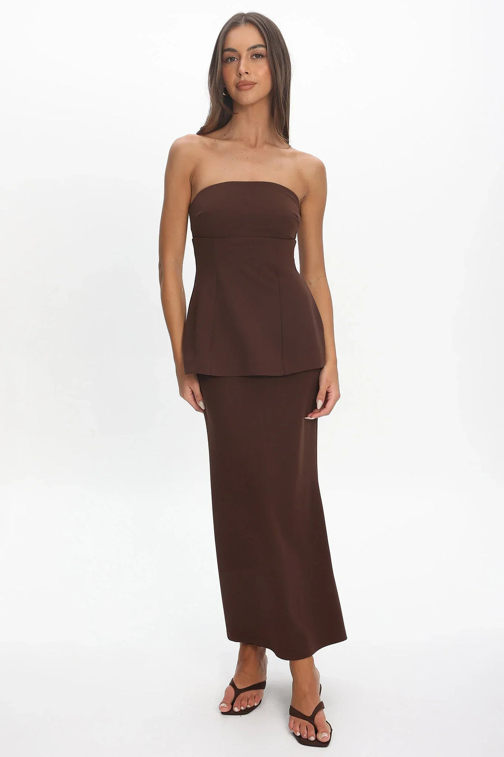 Vicci Strapless Flared Waist Maxi Dress Chocolate