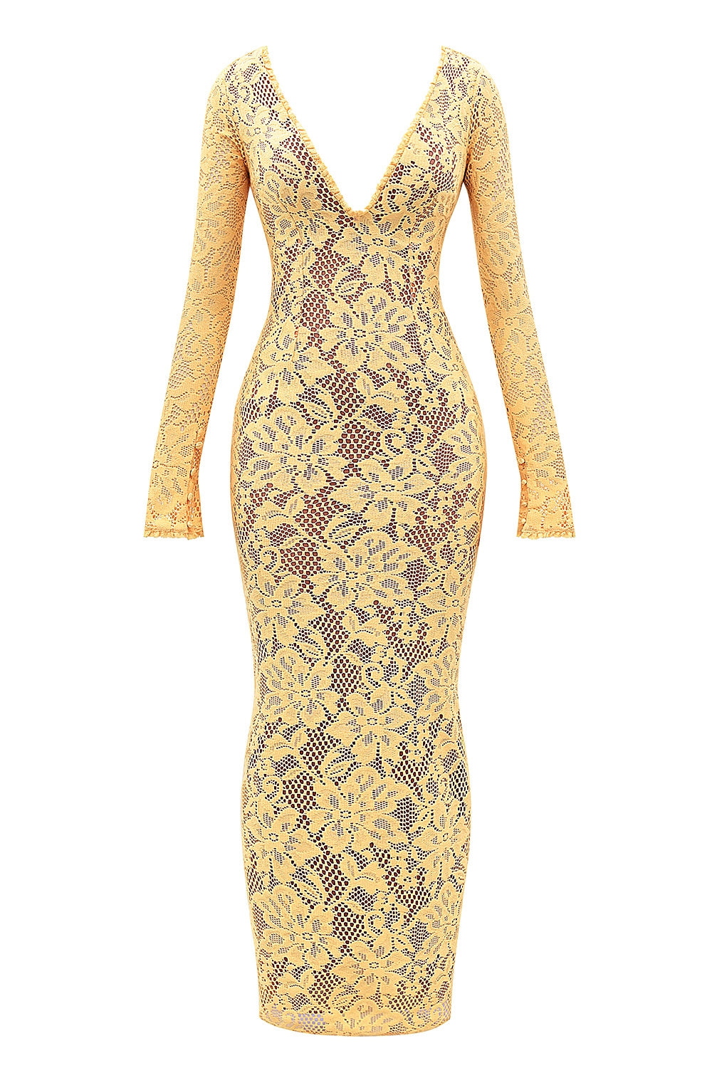 apricot plunge lace maxi dress