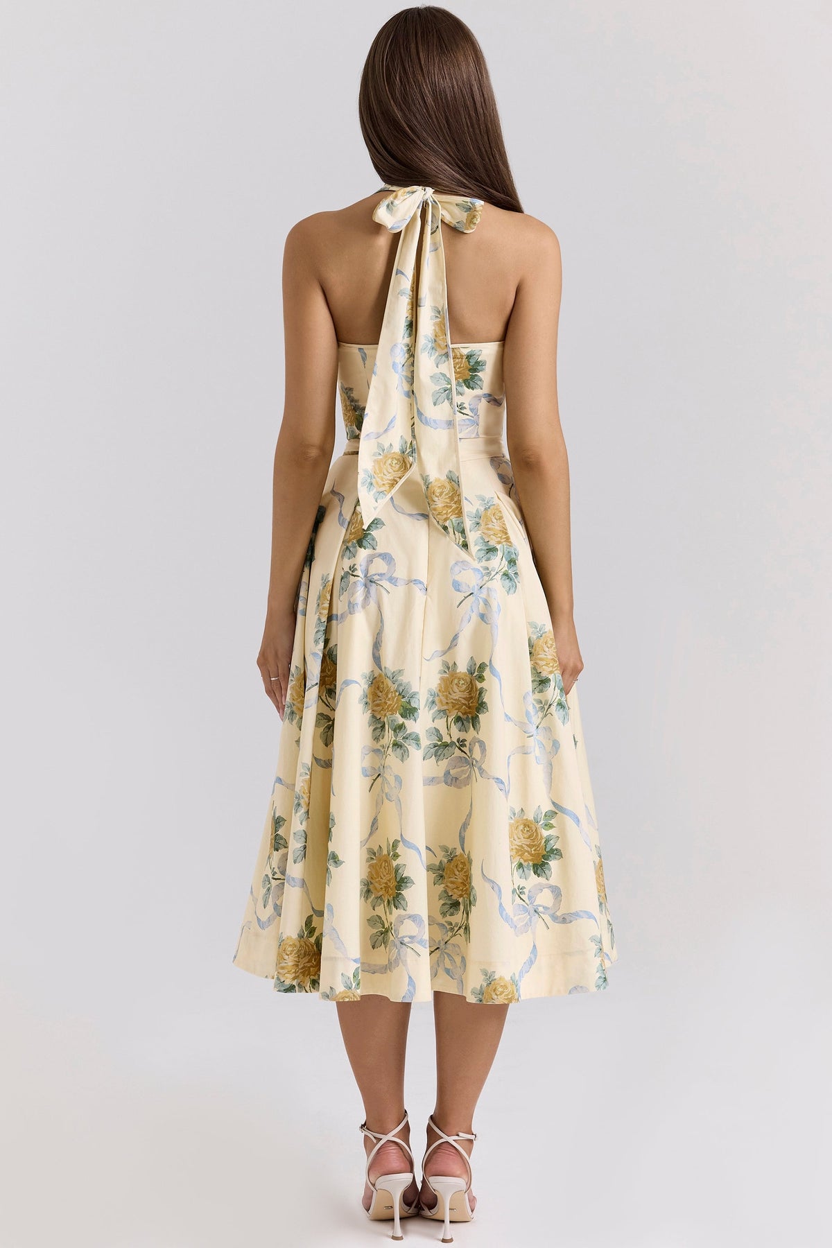 lemon ribbon stretch cotton halter midi sundress
