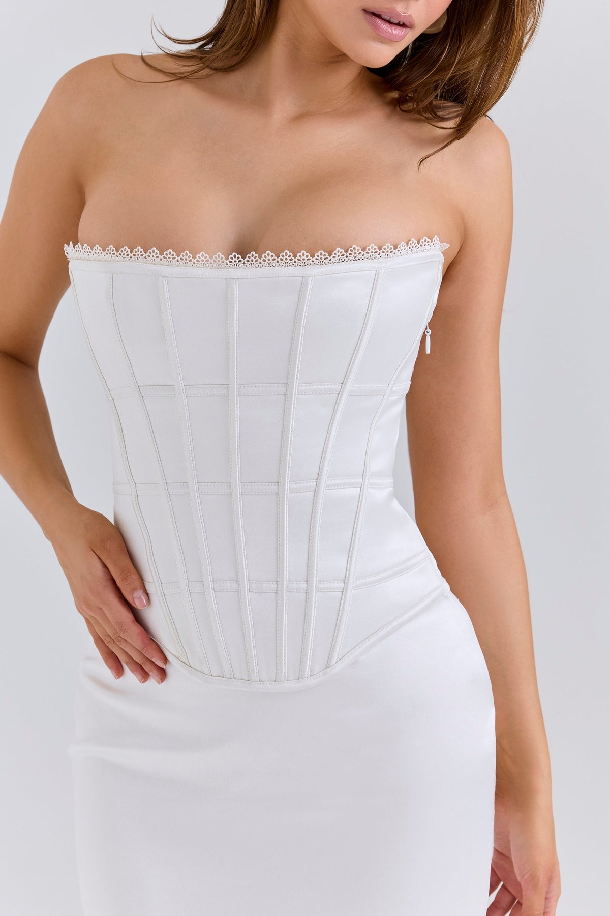 ivory satin corset maxi dress