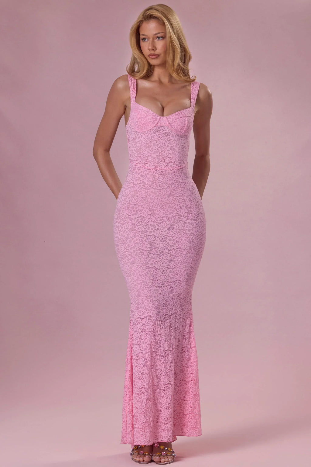 Lace Sweetheart-Neck Gown in Blush Pink