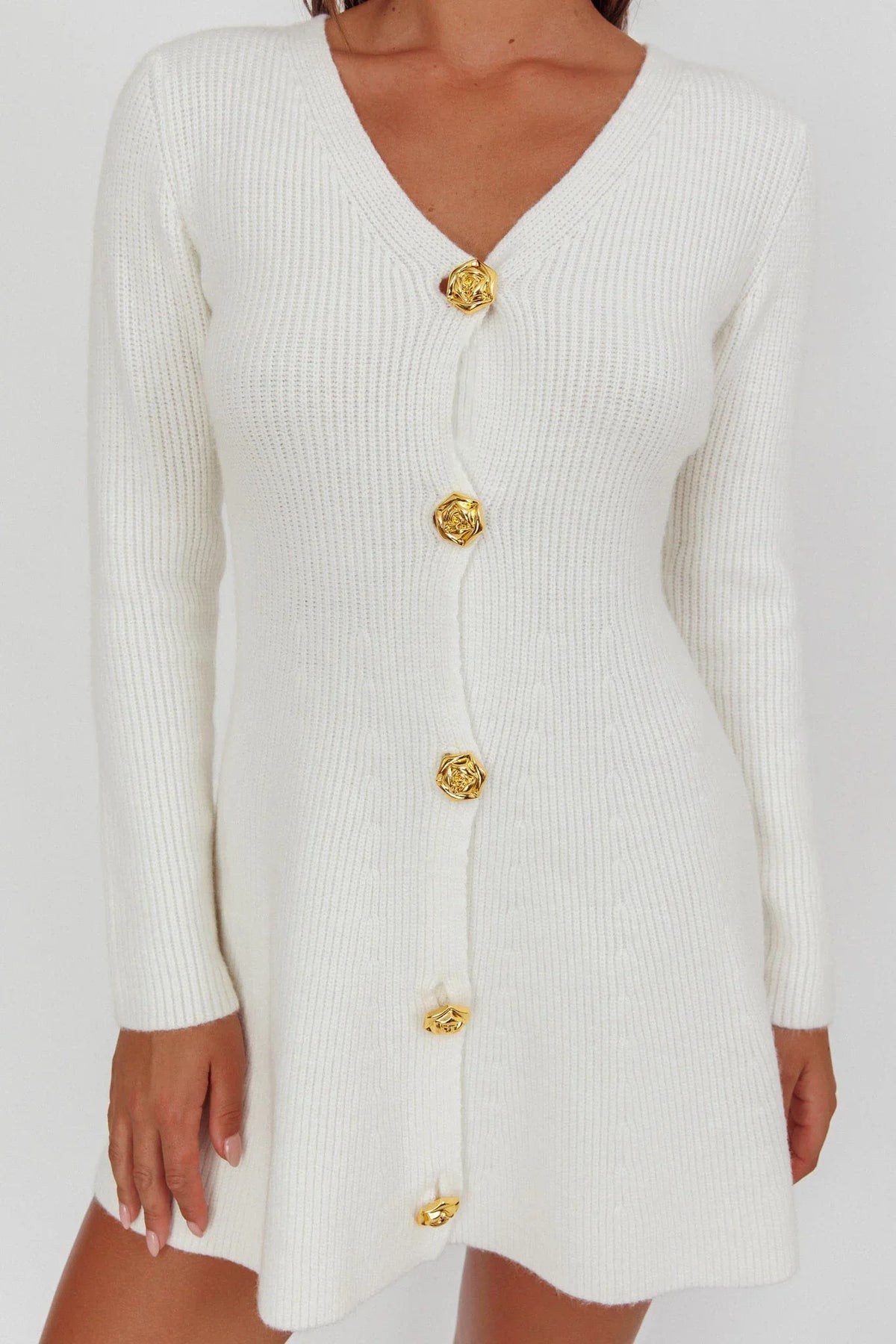 Irma Gold Button Knit Mini Dress White