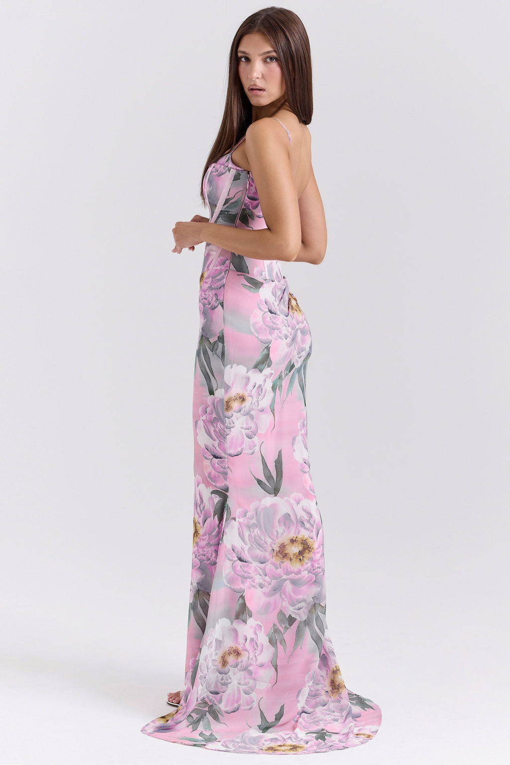 pink floral corset maxi dress