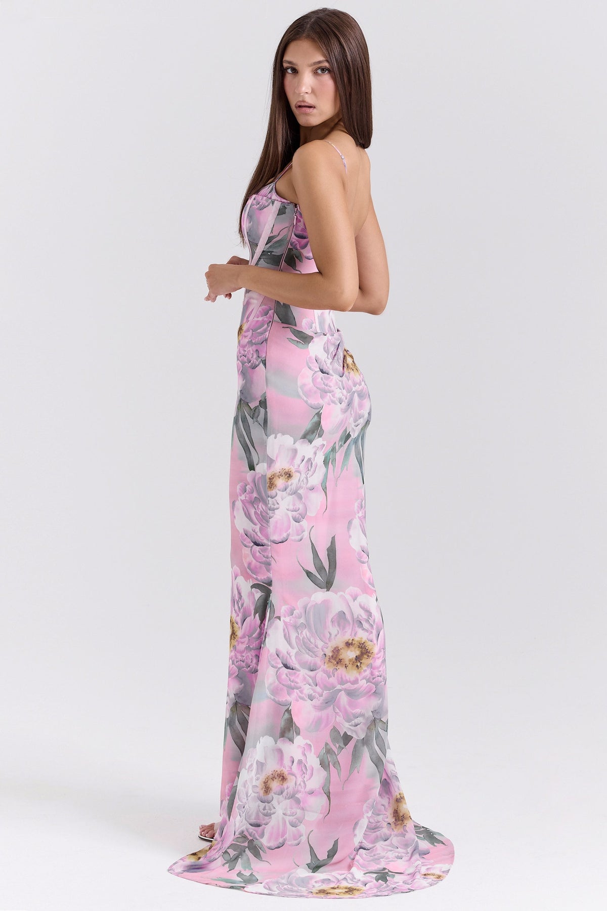 pink floral corset maxi dress