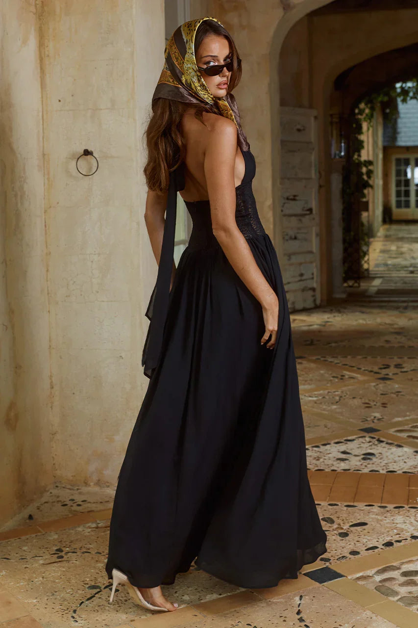 FERNANDA PLUNGE HALTER MAXI DRESS - BLACK