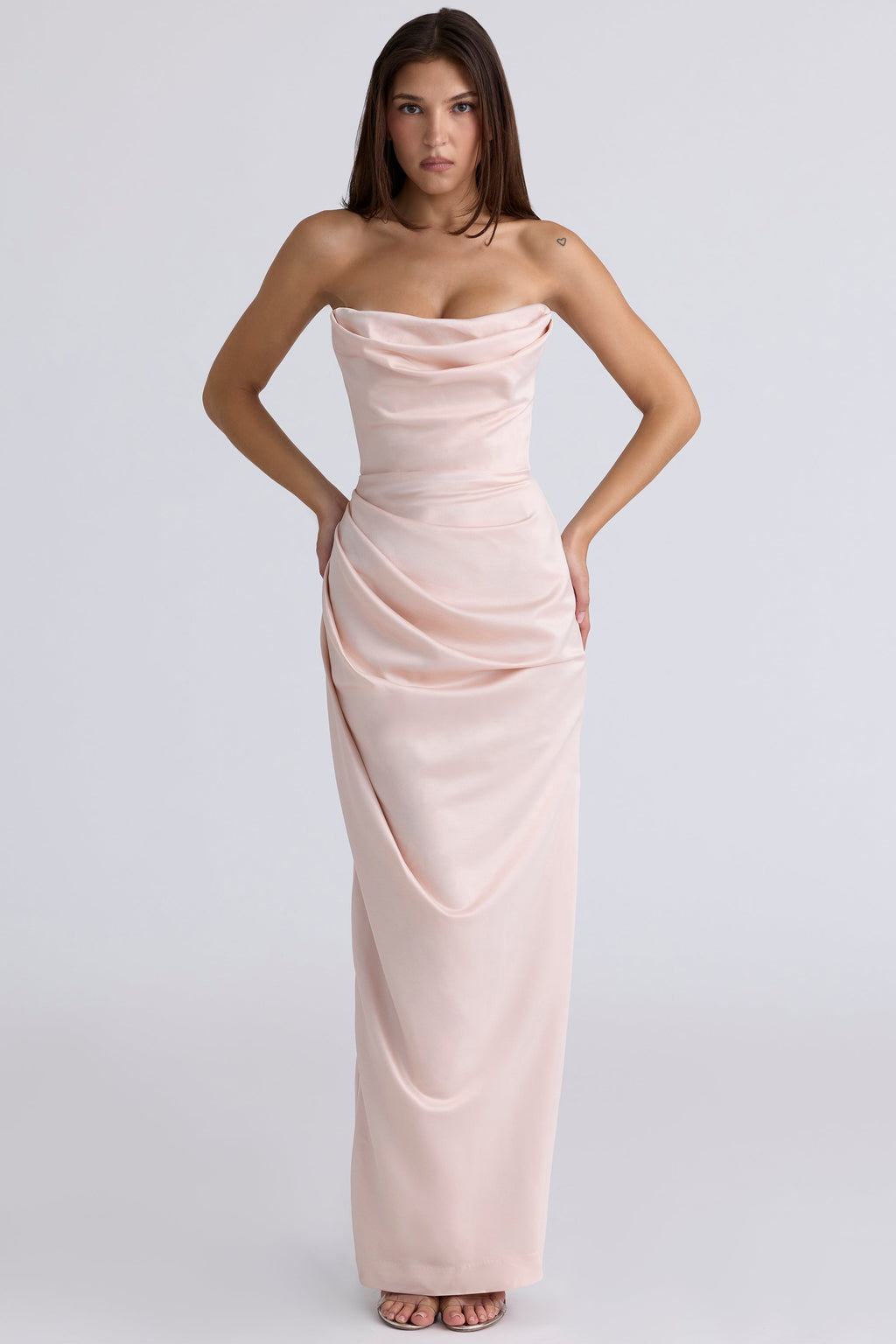 champagne satin strapless gown