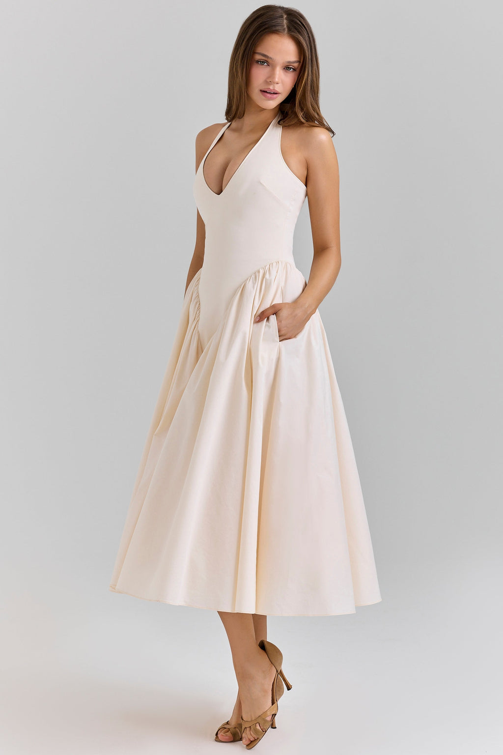 ecru stretch cotton midi sundress