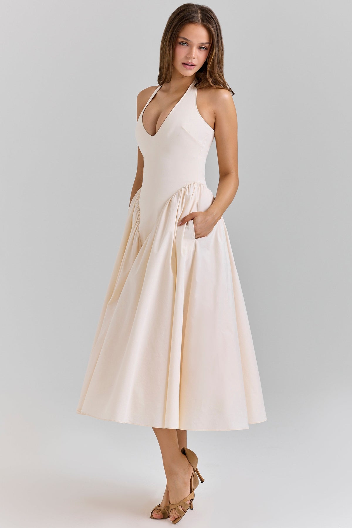 ecru stretch cotton midi sundress