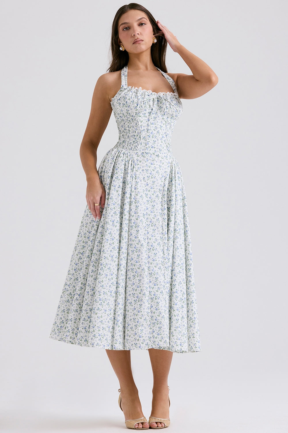 white bluebell print cotton halter sundress
