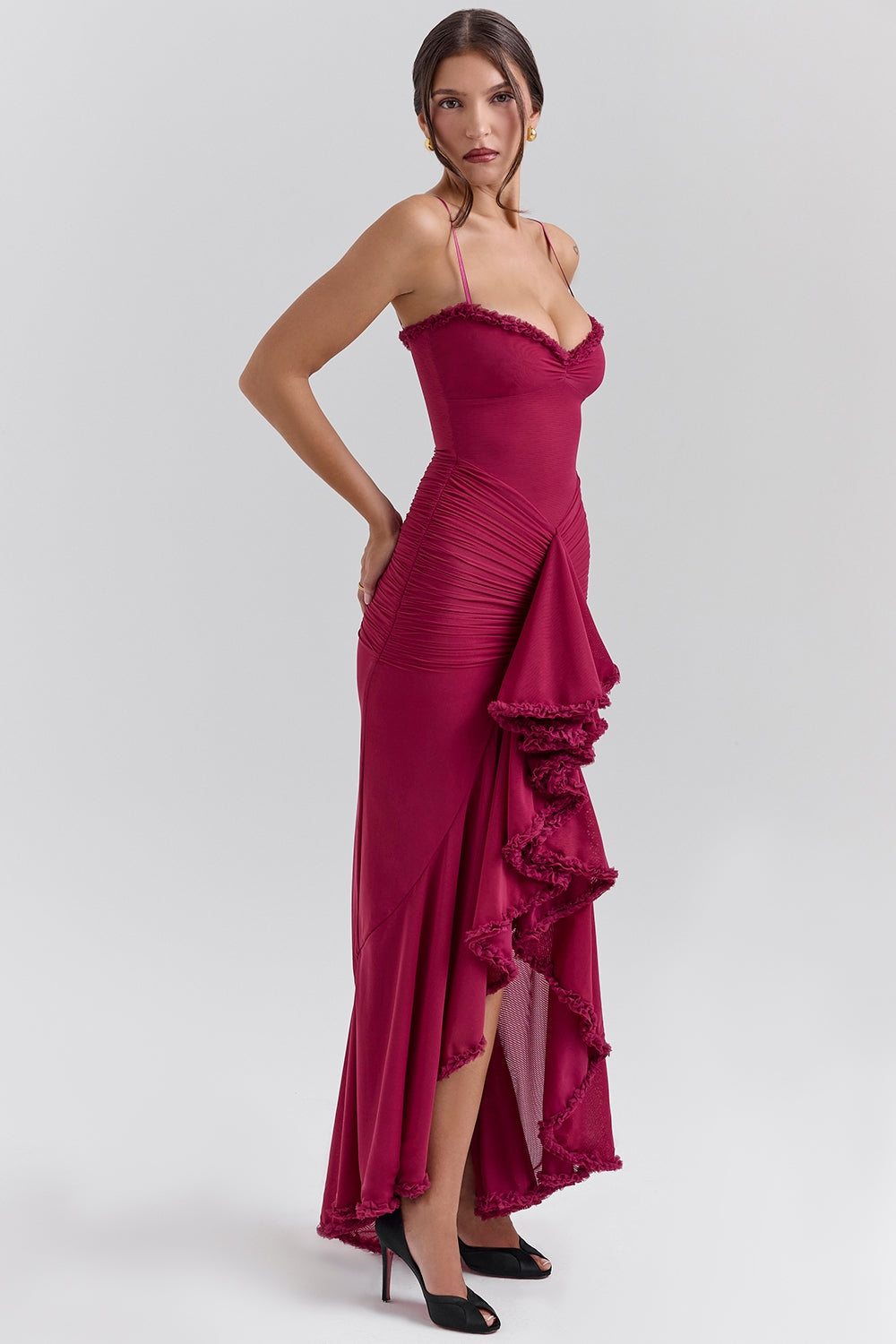 wine ruffled front gown