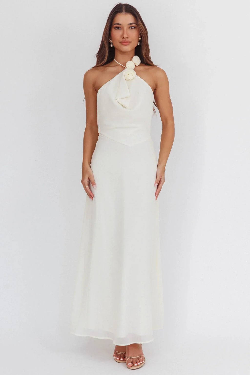 Petronilla Rosette Halterneck Maxi Dress Eggshell