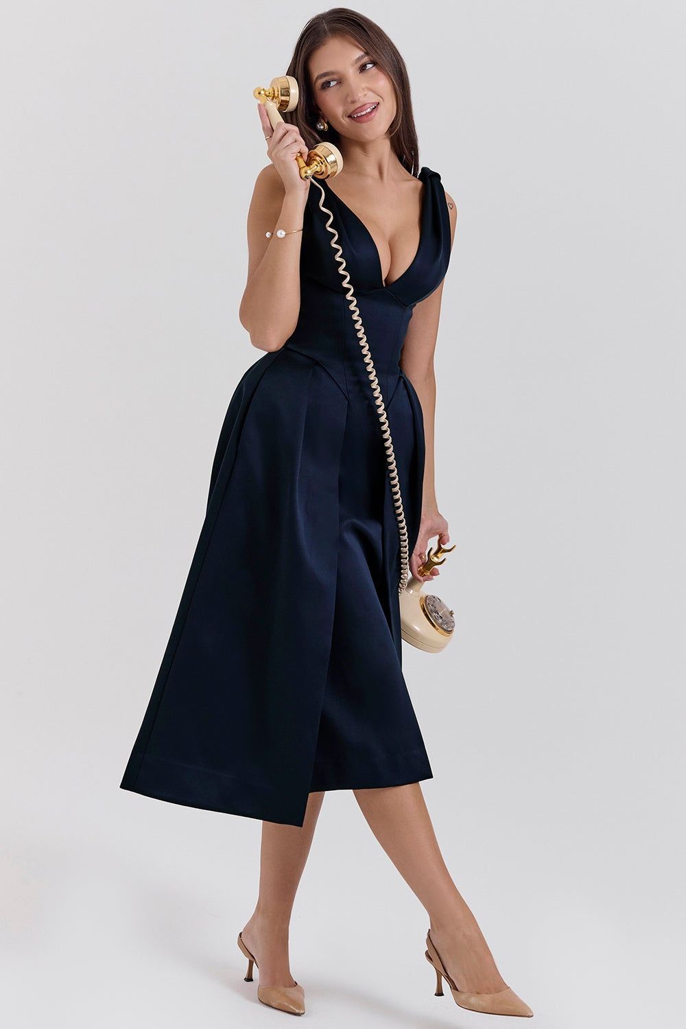midnight twist strap satin midi dress - sale