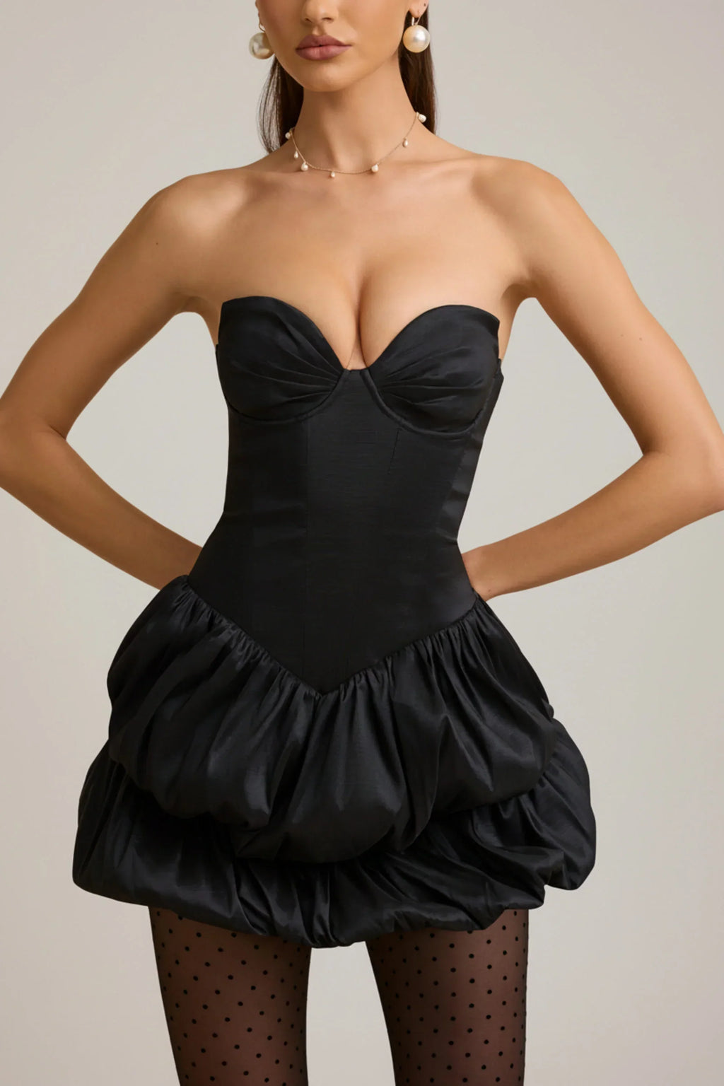 Satin Bubble Hem Corset Mini Dress in Black