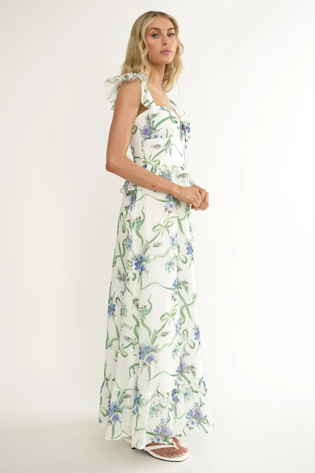 Hanalei Off-Shoulder Tied Bust Maxi Dress Floral White