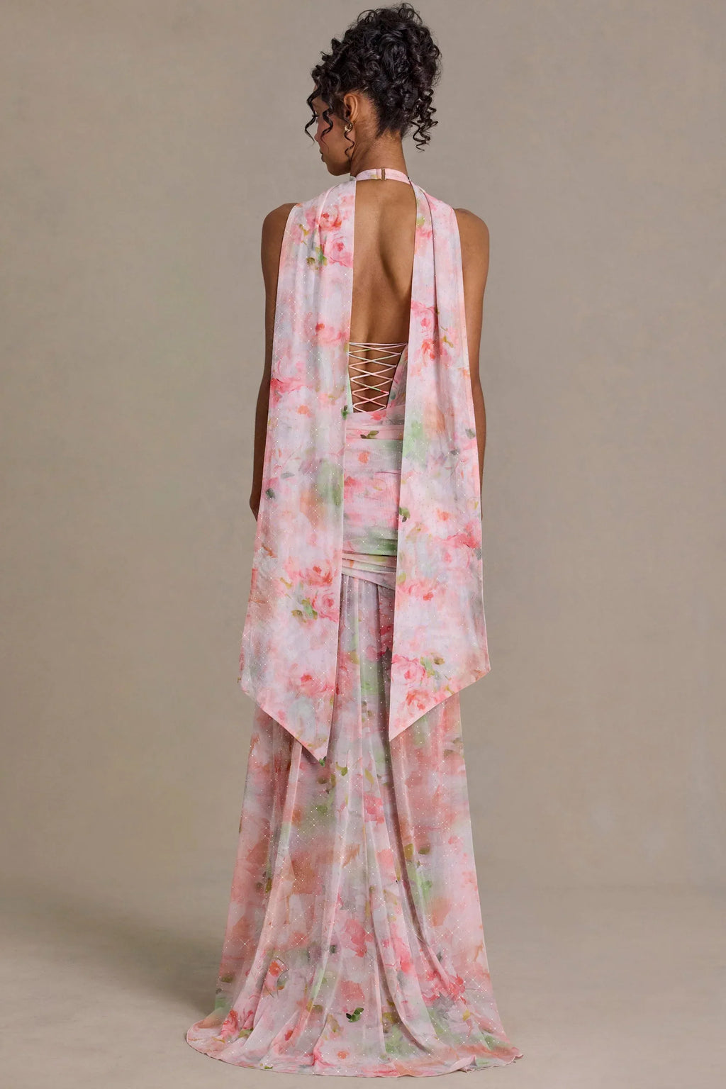 Embellished Scarf-Detail Maxi Dress in Pink Floral Print