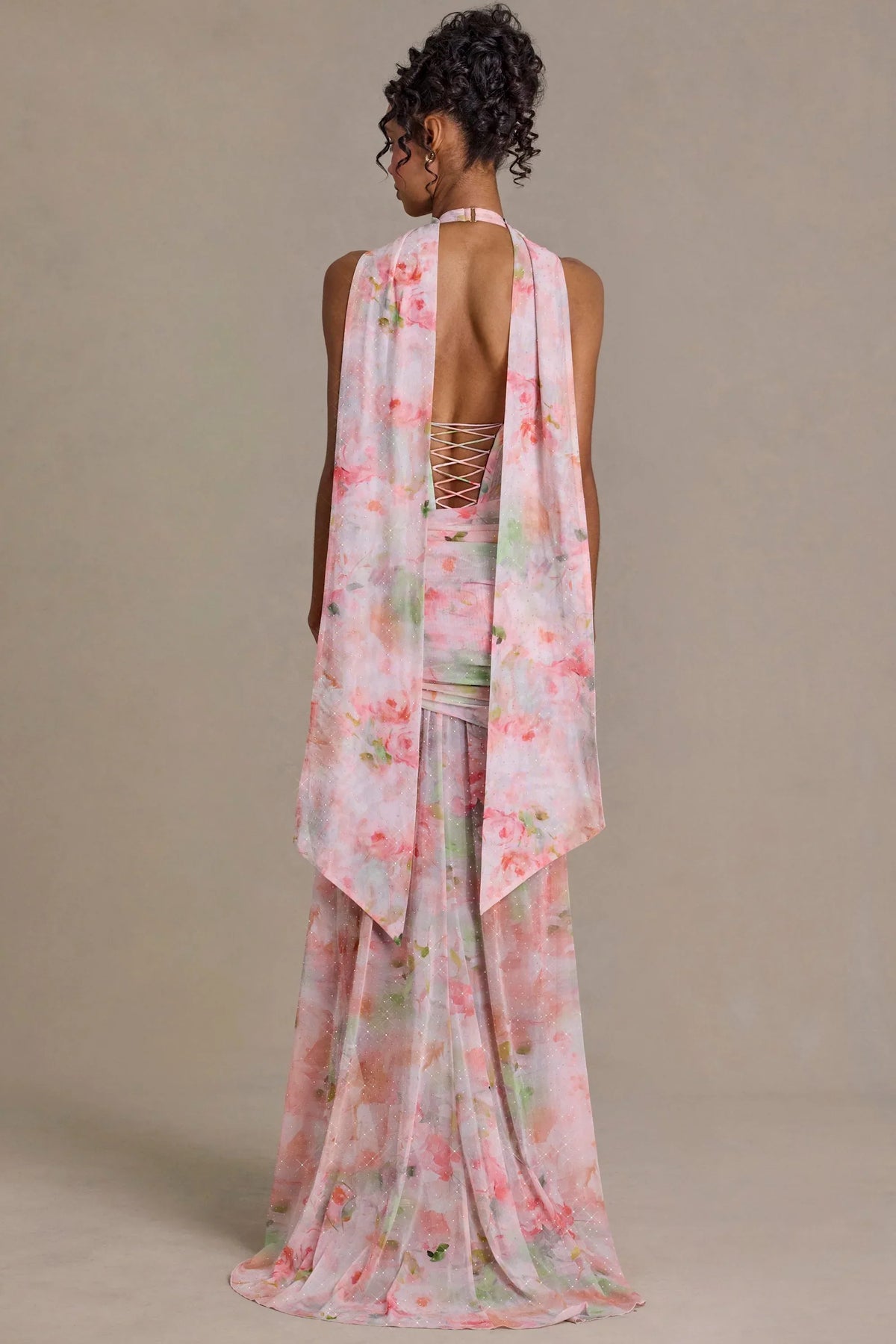 Embellished Scarf-Detail Maxi Dress in Pink Floral Print