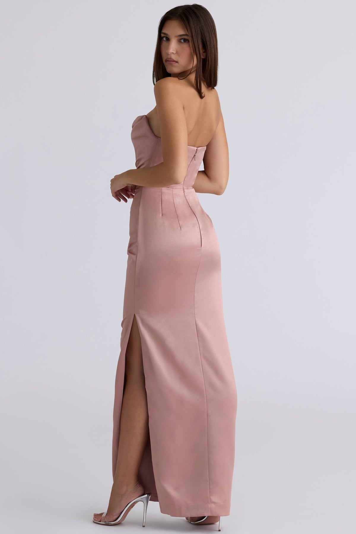 blush satin strapless gown