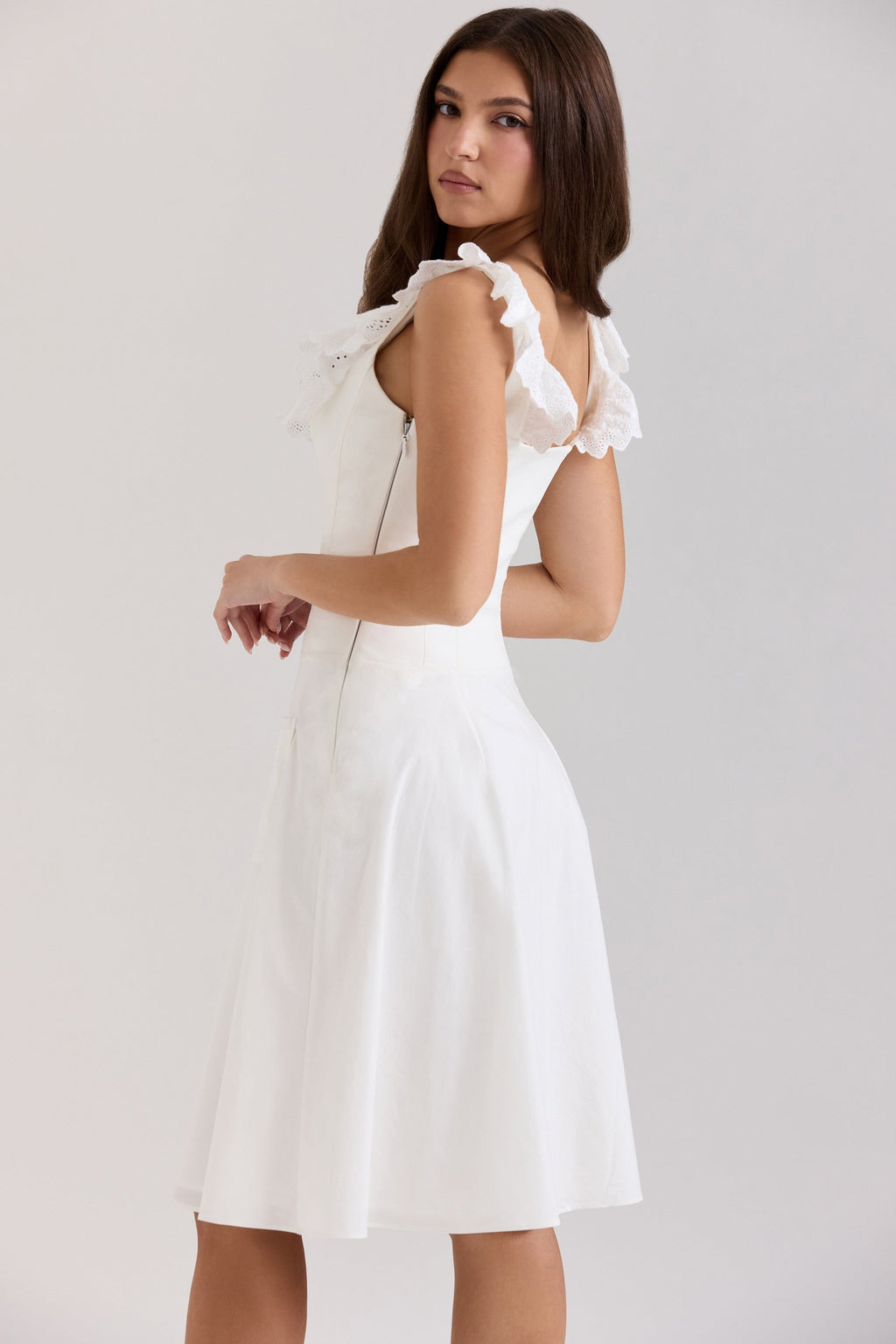 white cotton broderie anglaise trim midi dress