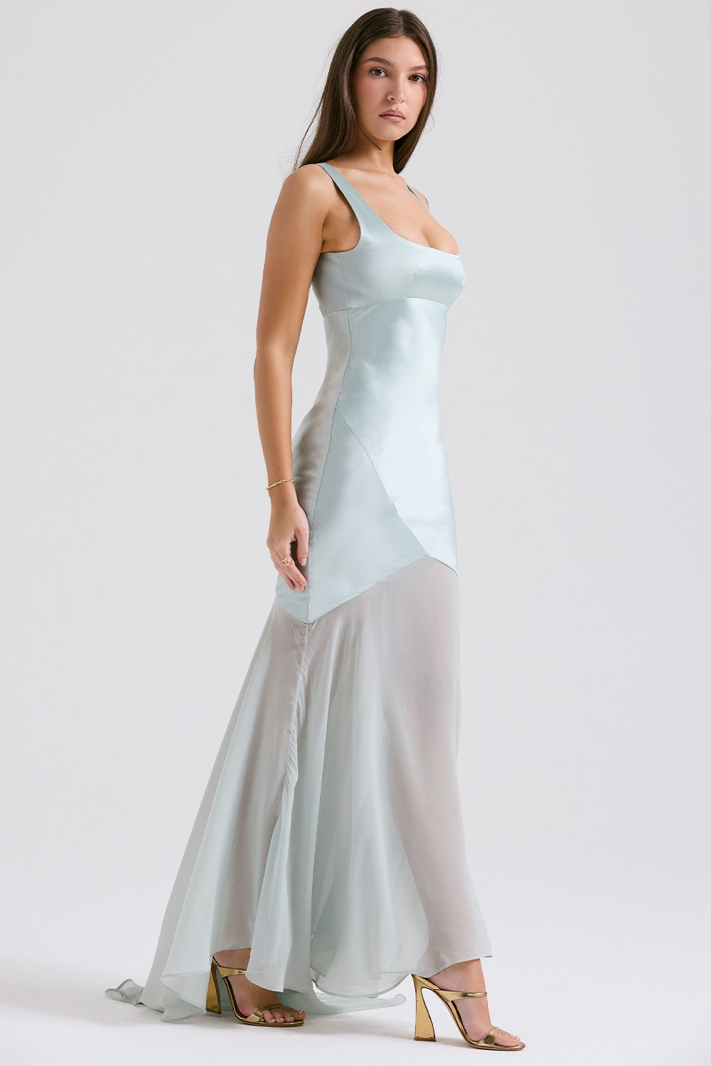 pistachio chiffon floor length gown