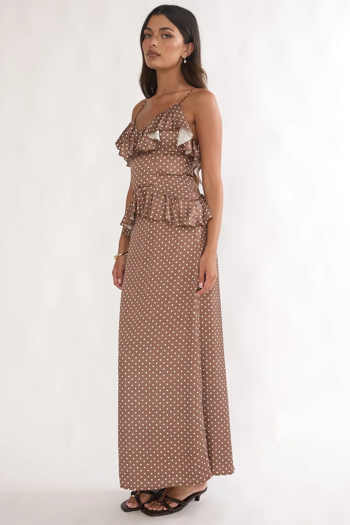 Tahlie Ruffle Trim Maxi Dress Polka Dot Mocha