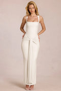 Square-Neck Tie-Gather Maxi Dress in Ivory
