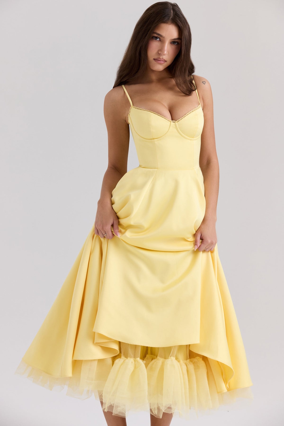 sunshine yellow satin tulle midi dress