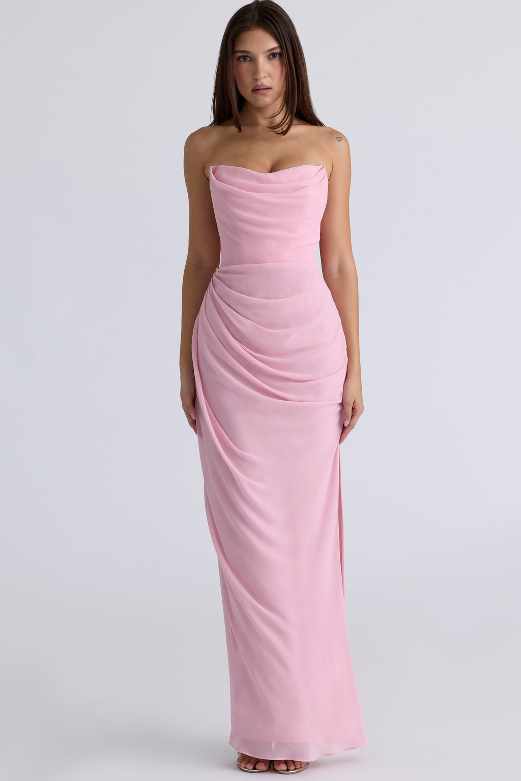 pink quartz georgette strapless gown