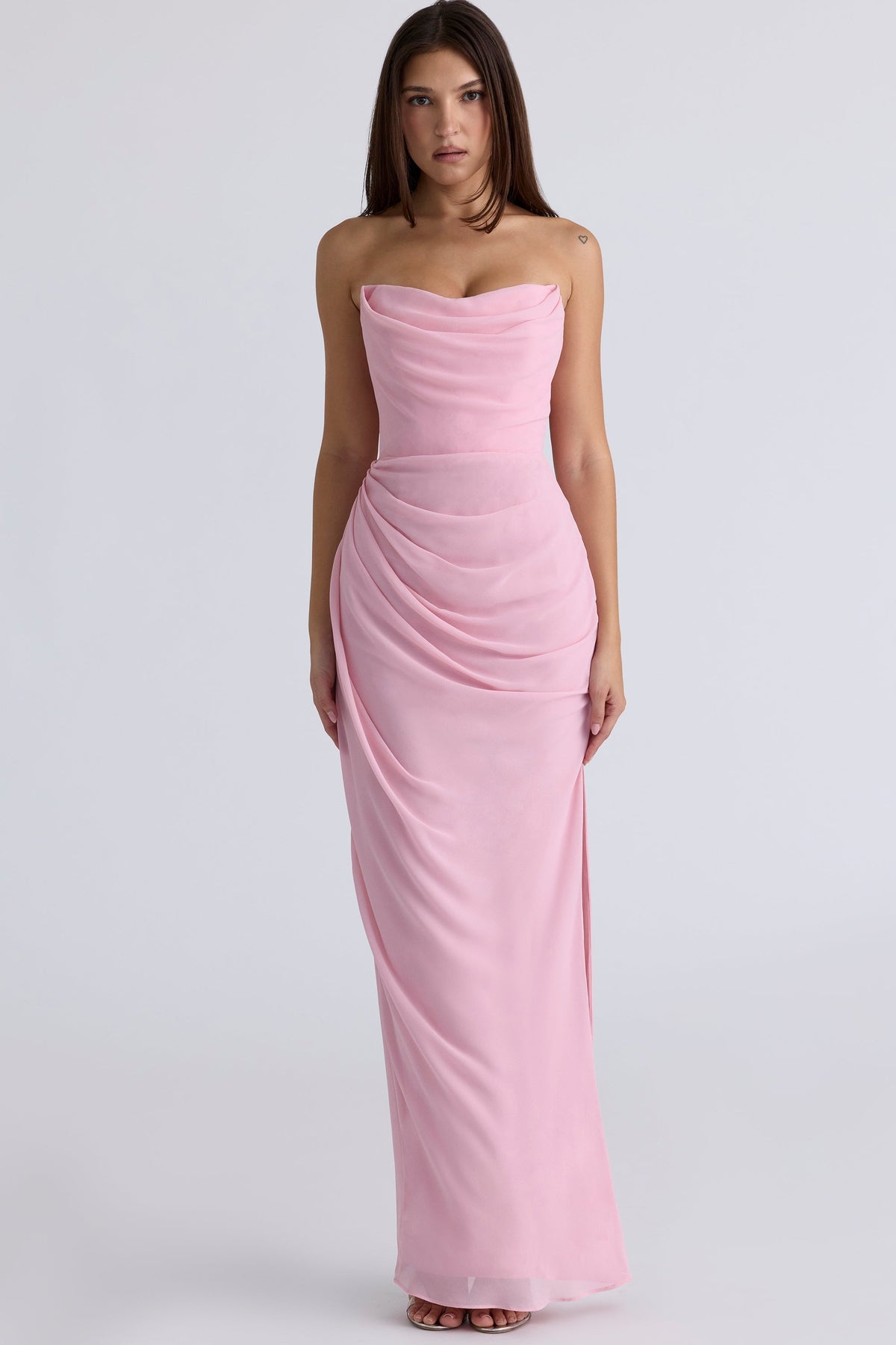 pink quartz georgette strapless gown