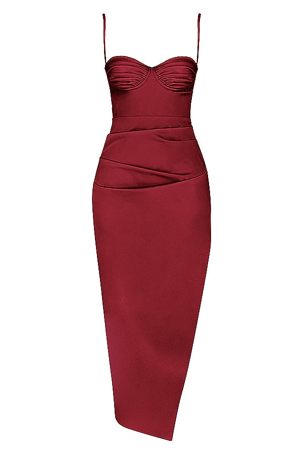 wine satin pleated corset midi dress