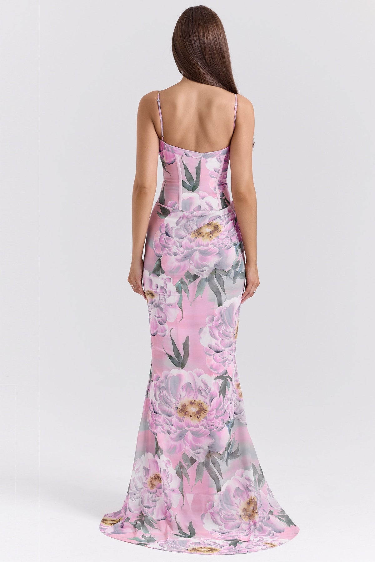 pink floral corset maxi dress