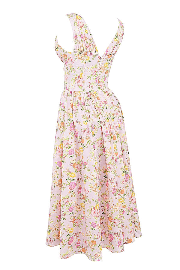 pink meadow print cotton corset sundress