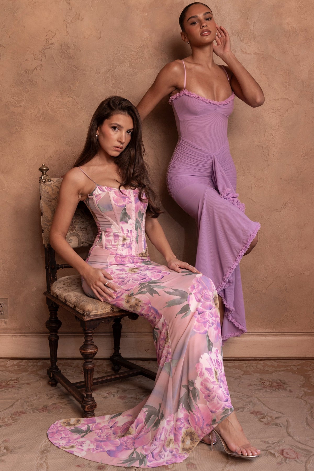 pink floral corset maxi dress