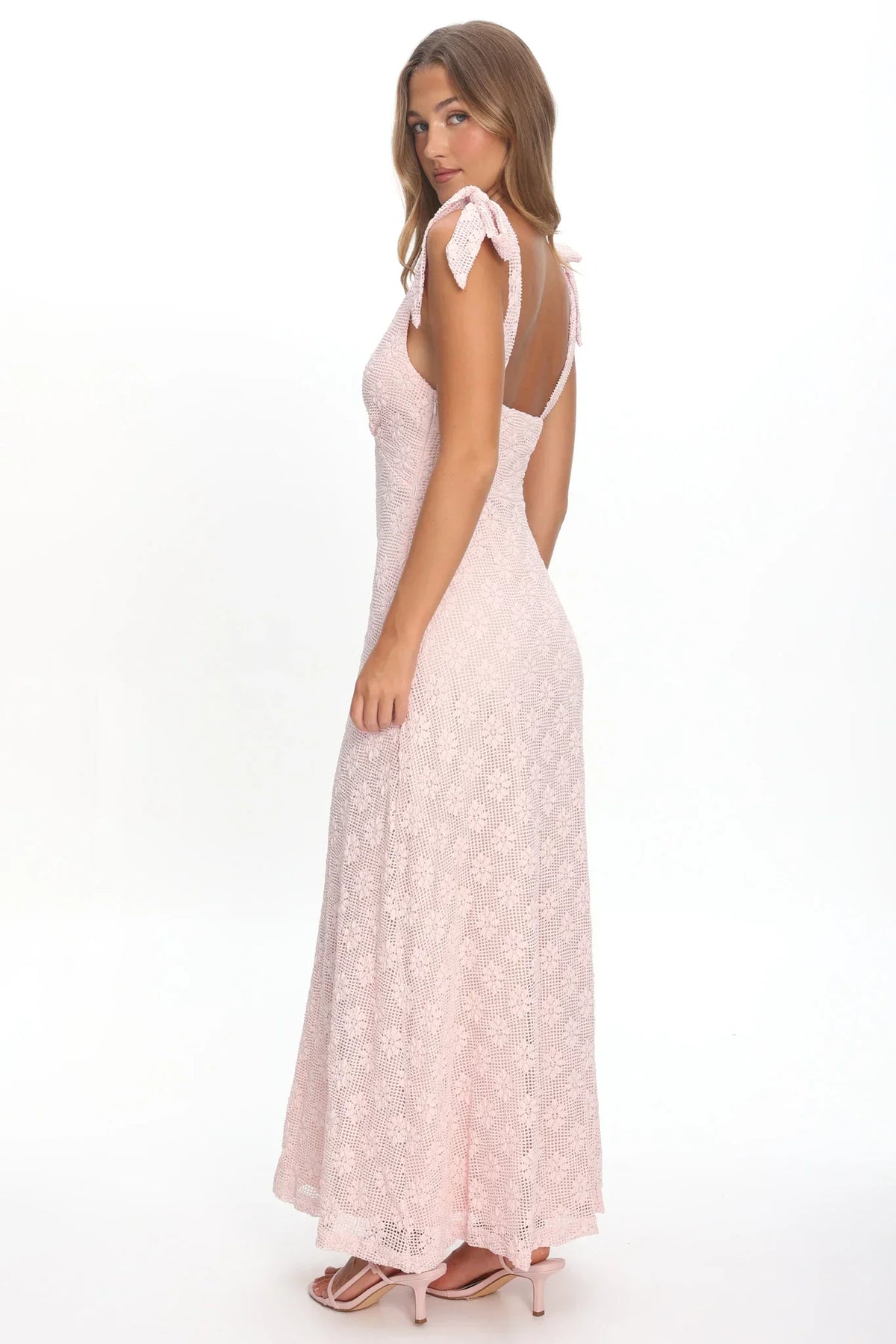 Mykonos Morning Tied Shoulder Maxi Dress Crochet Pink