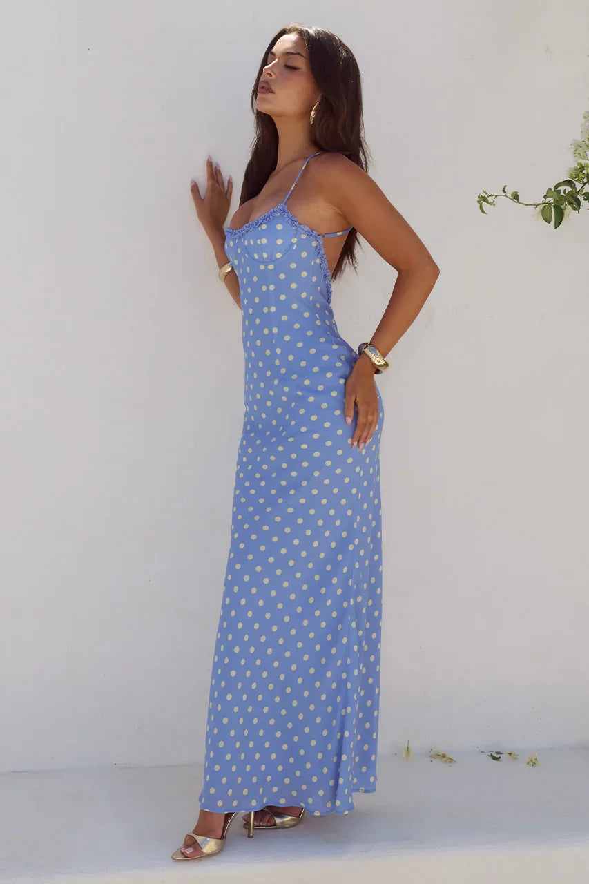 MONET CROSS BACK MAXI DRESS - PERIWINKLE/LEMON POLKA