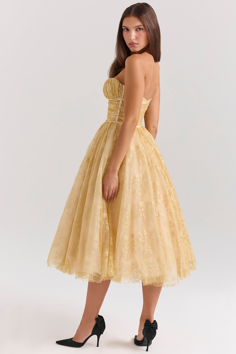 gold metallic lace tulle midi gown