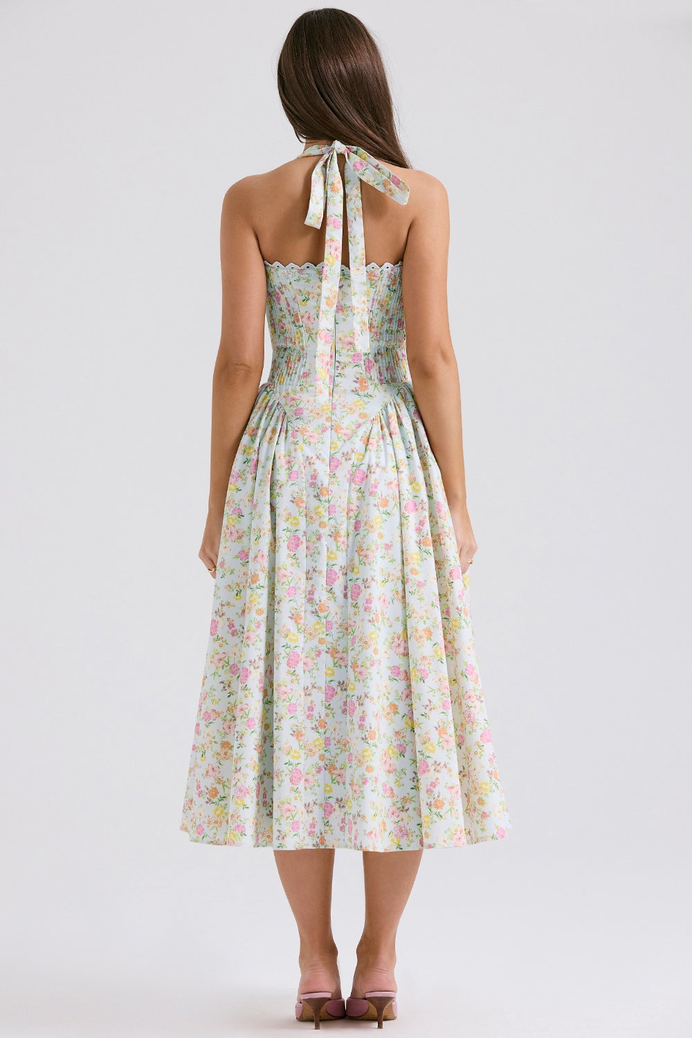 pale blue meadow print cotton halter sundress