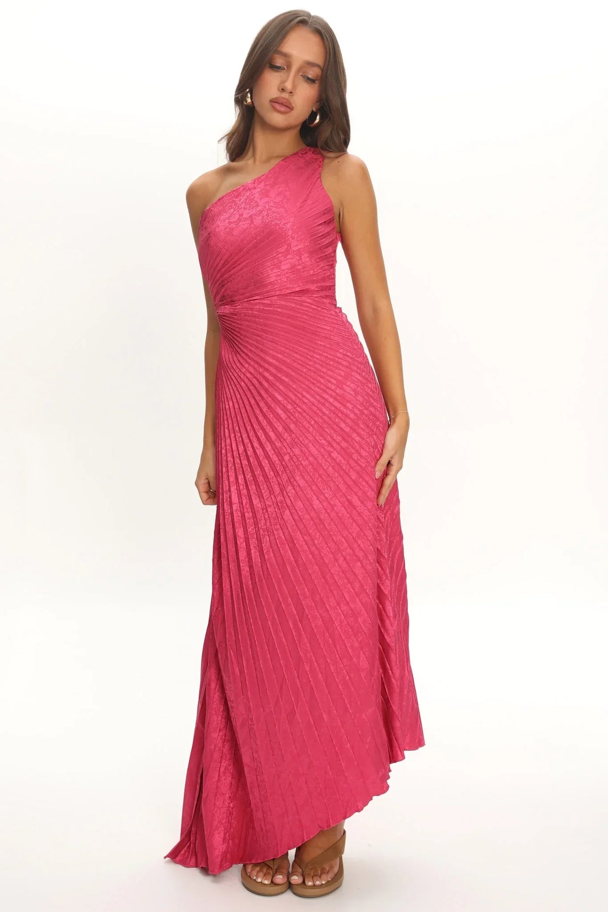 Amelie One-Shoulder Accordion Pleat Maxi Dress Floral Fuchsia