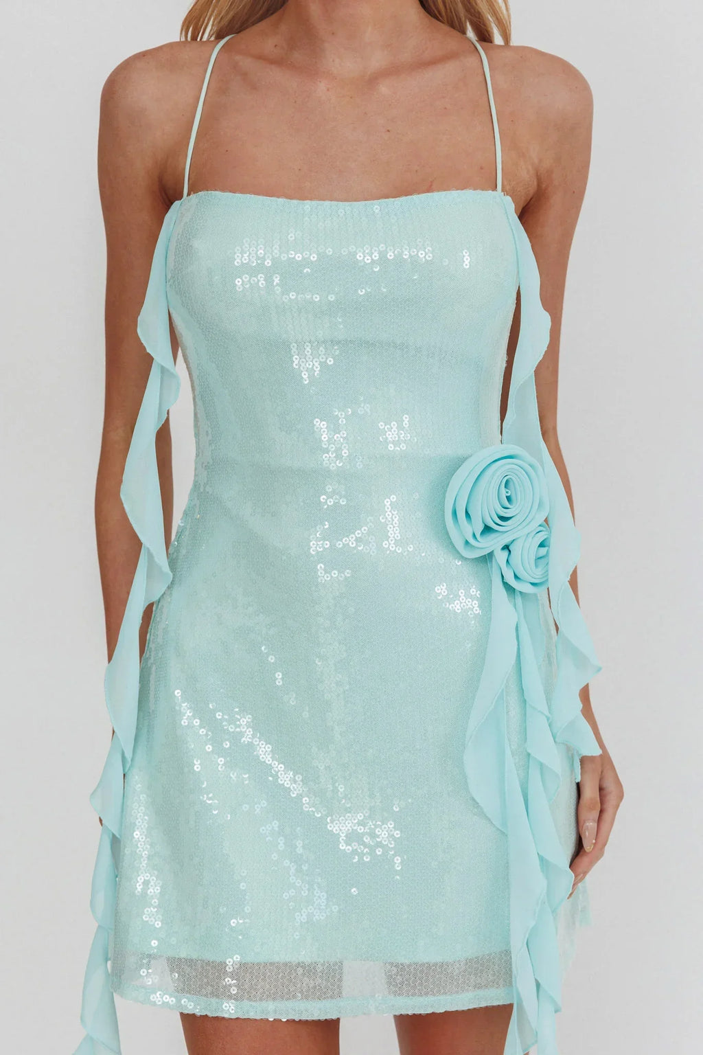 Standing Out Ruffle Rosette Trim Sequin Mini Dress Mint