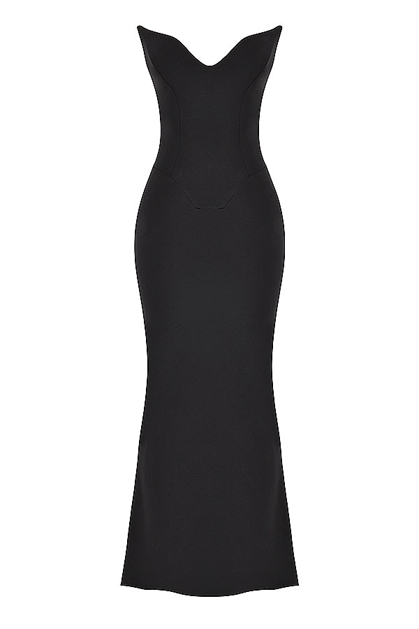 black crepe strapless corset dress