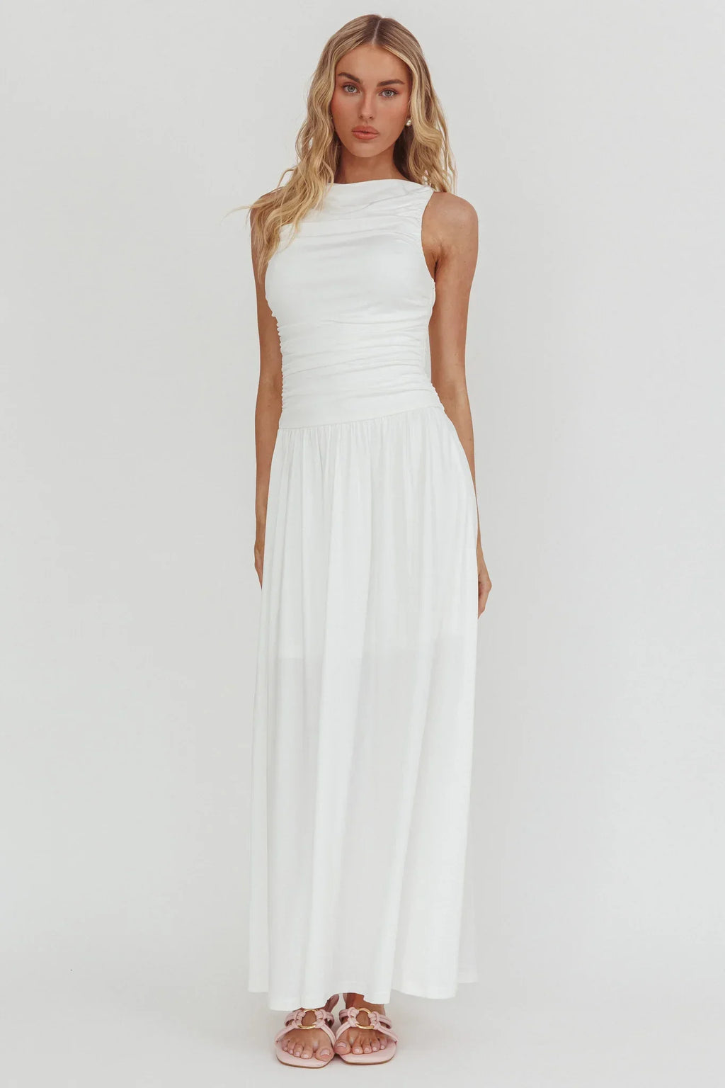 Dalayla Sleeveless Ruched Maxi Dress White