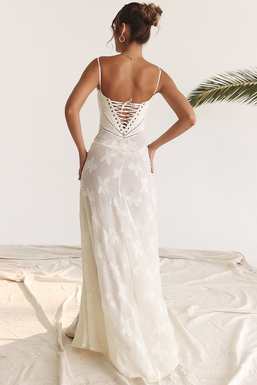 vintage cream floral lace back maxi dress