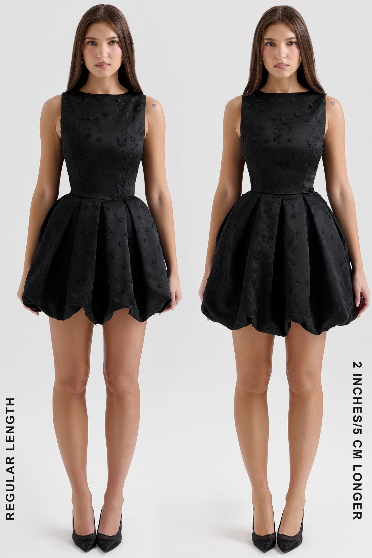 black backless embroidered mini puffball dress