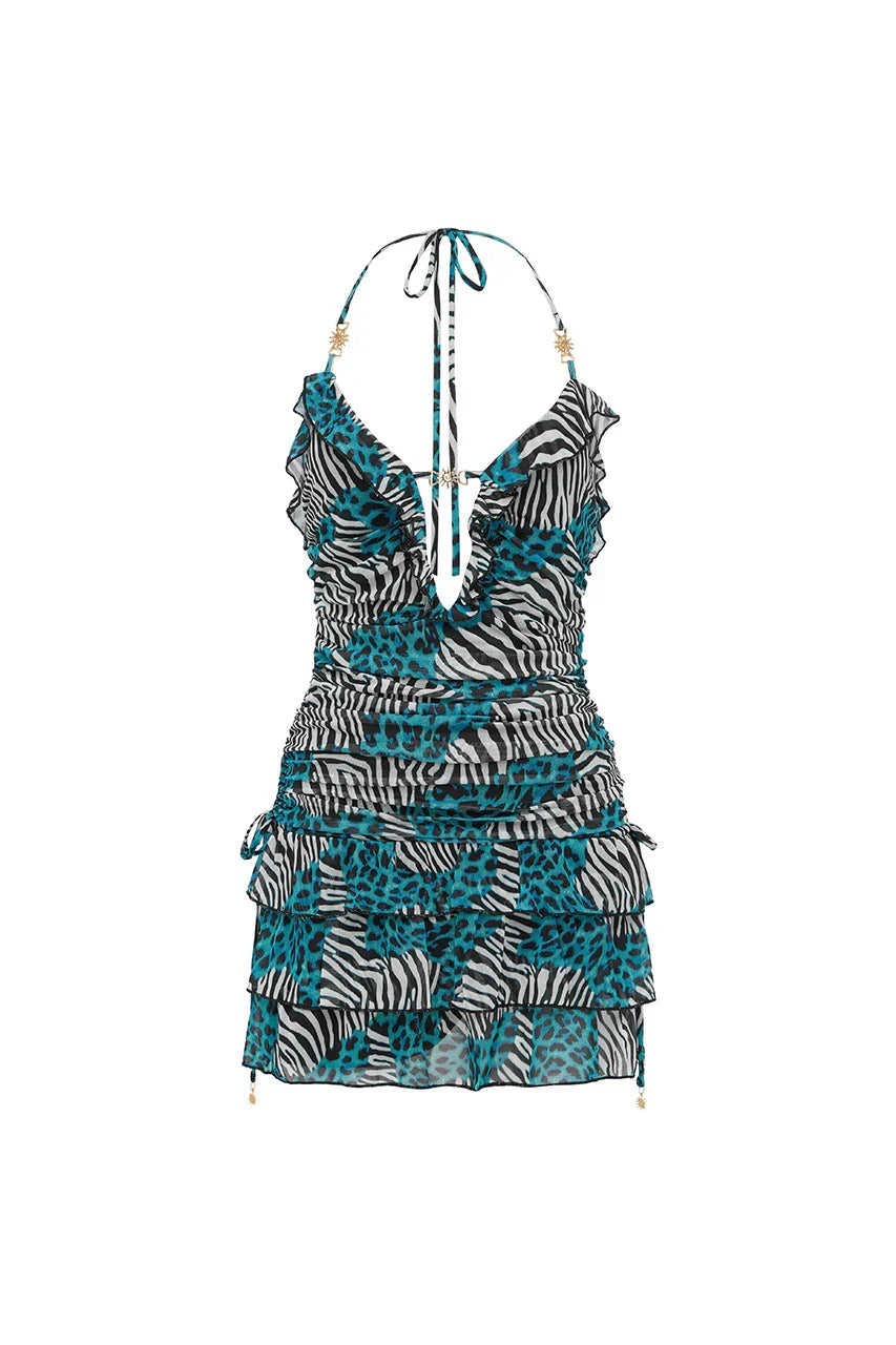 AVANI DEEP-V RUFFLE MINI DRESS - DANTE TEAL