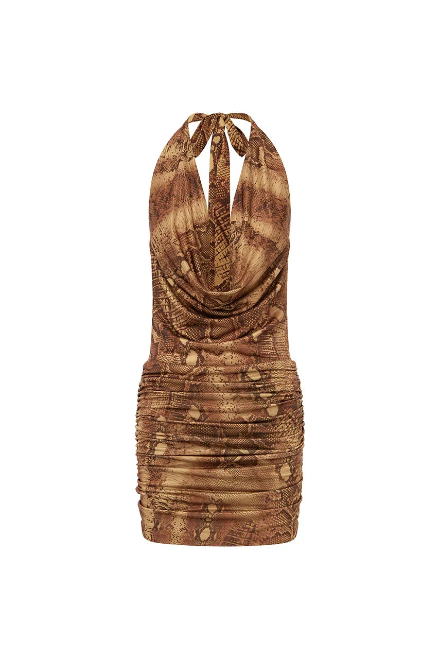 LOTUS HALTER COWL MINI DRESS - TAN VIPER