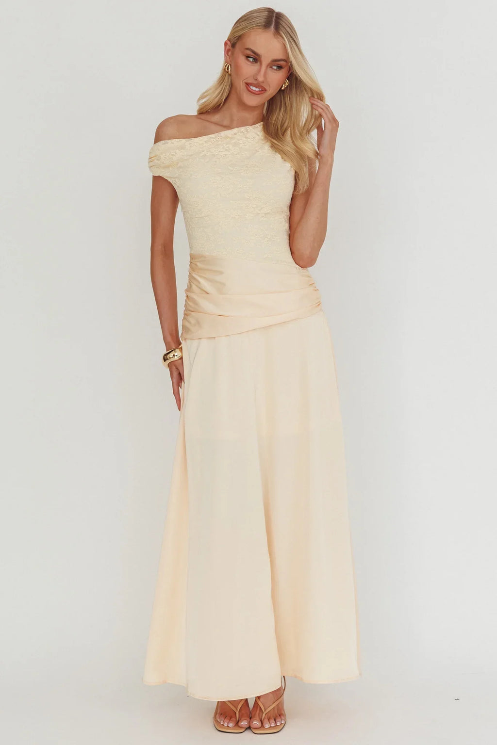 Diana Asymmetric Shoulder Pleat Waist Maxi Dress Butter