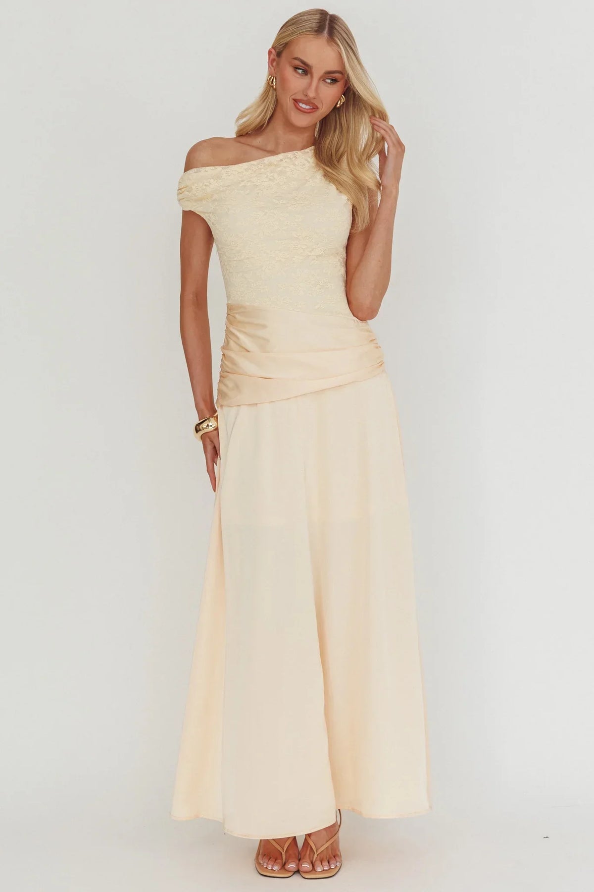 Diana Asymmetric Shoulder Pleat Waist Maxi Dress Butter