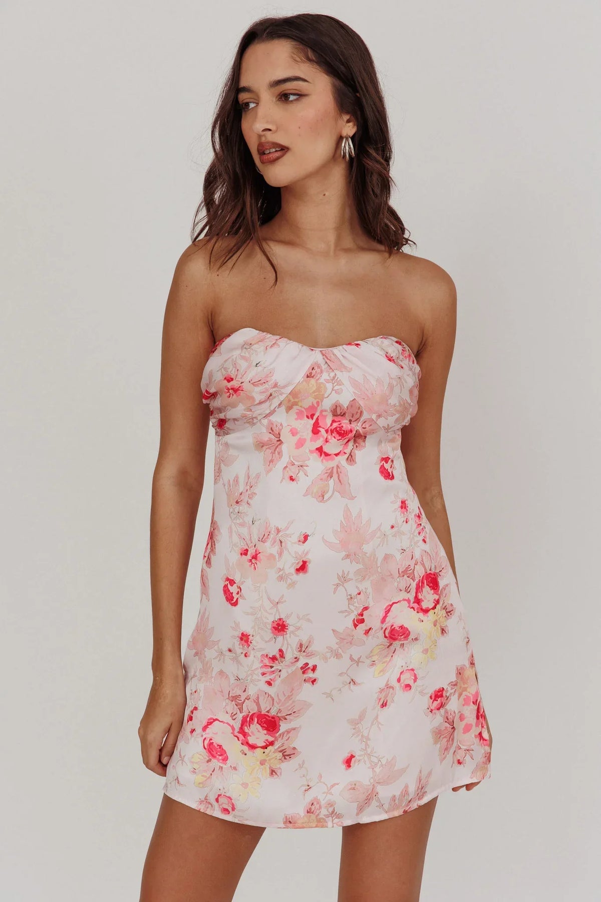 Sian Strapless Sweetheart Mini Dress Floral Pink