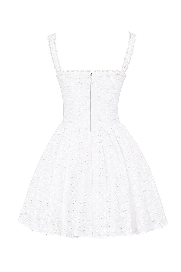 white cotton broderie anglais corset mini dress
