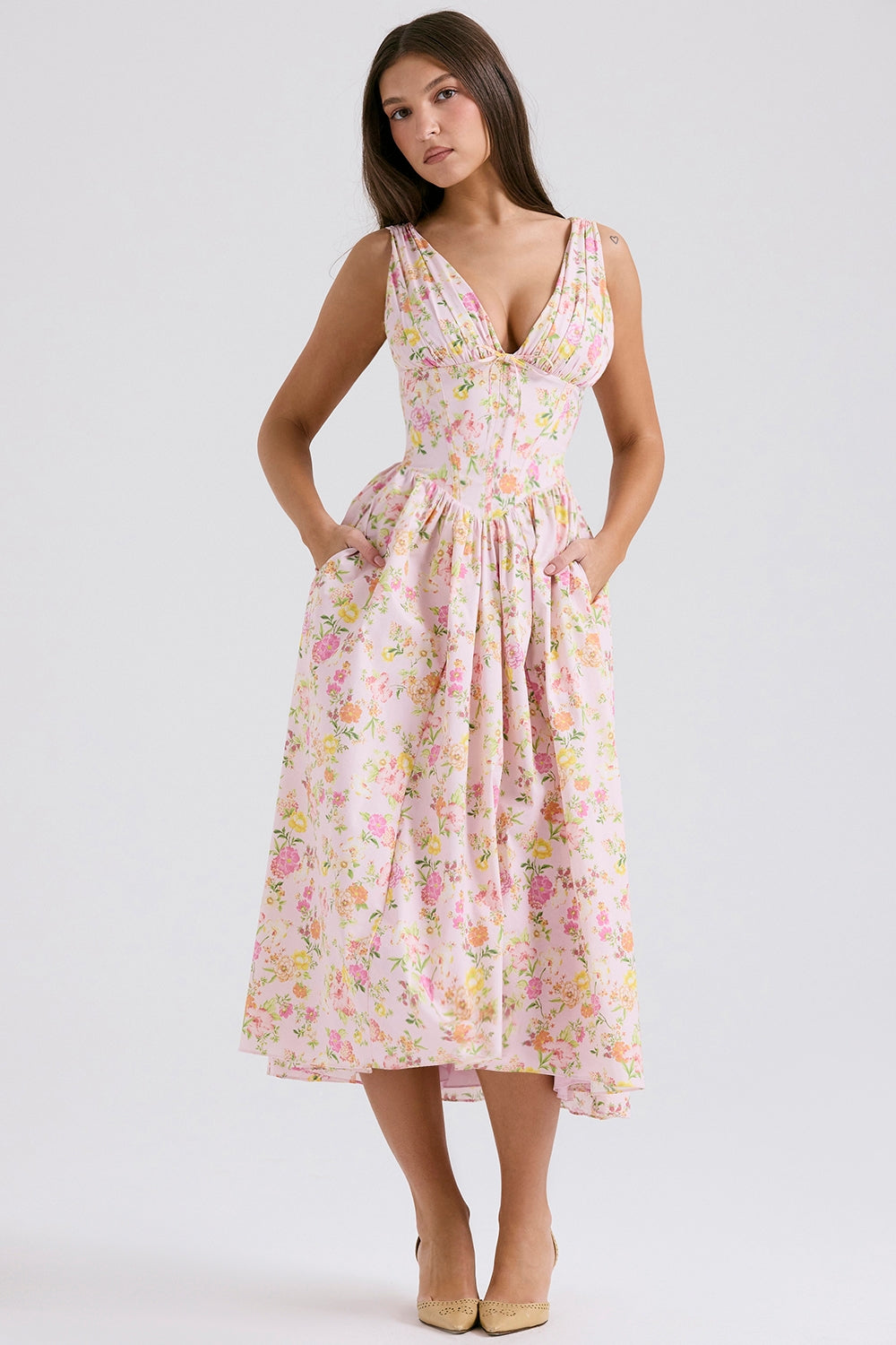 pink meadow print cotton corset sundress