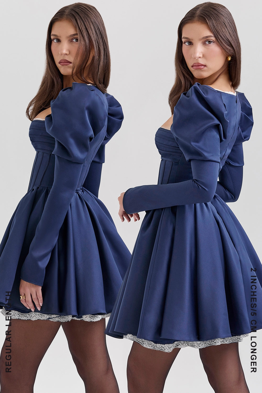 midnight satin puff sleeve mini dress - sale